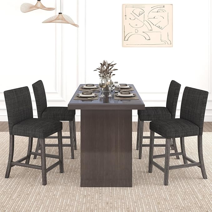 COSTWAY Upholstered Counter Height Stools Set of 4, Bar Stools w/Ergonomic Backrest, Solid Wood Frame, 24.5” Fabric Counter Height Chairs for Kitchen Island, Dining Room, Pub (Grey)