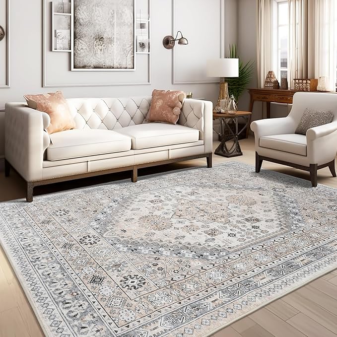 zesthome 8x10 Area Rugs for Living Room,Non-Slip Backing Washable Rugs,Vintage Large Area Rug，Stain Resistant Home Decor Rug (Beige,8'x10')