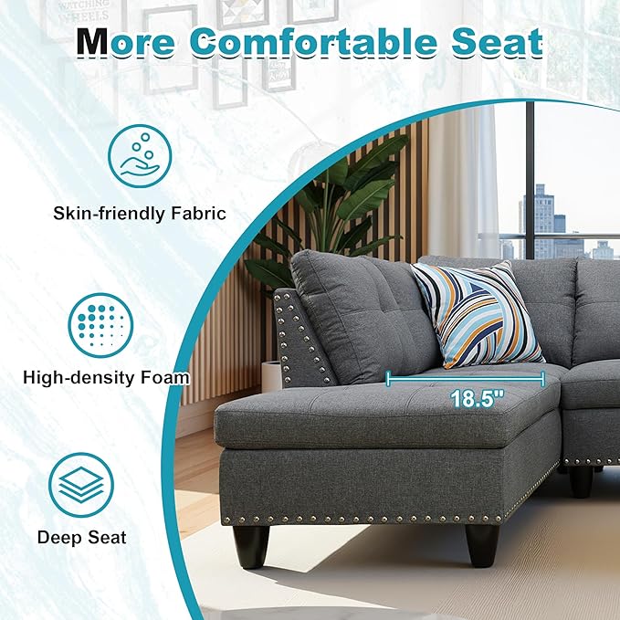 97.5" Oversized Sectional Couch, L Shaped Couch with Storage Ottoman, Modern Modular Sofa with Deep Seat, Sectional Couches for Living Room and Office, Grey (Linen)