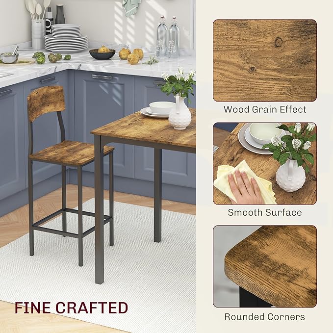 HOMCOM 3-Piece Counter Height Bar Table with Space-Saving Design, Square Kitchen Table and Chairs Set with Footrest, Metal Legs, Industrial Dining Table Set for 2, Rustic Brown and Black