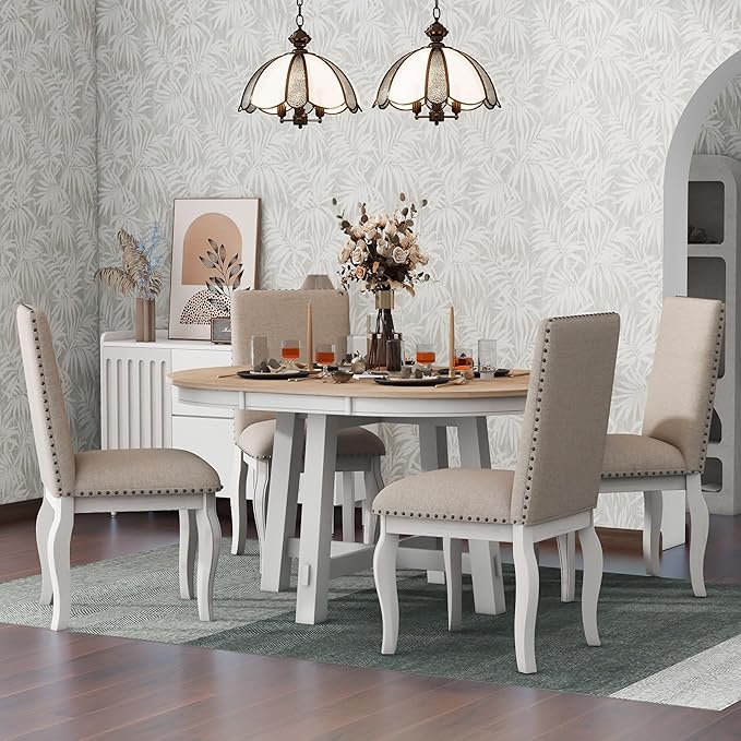 5 Pieces Dining Table Set with 43" Round Extendable Desk,Living Room Furniture W/ 4 Upholstered Curved Legs Chairs,for Restaurant,Home Bistro,Oak Natural Wood+Antique White