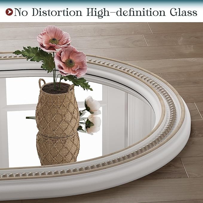 Boho Oval Mirror, 24" x 48" White Beaded Tall Farmhouse Mirrors Antique Oval Bathroom, Wooden Rustic Decorative Mirror for Wall, Bedroom, Dining Room, Hallway