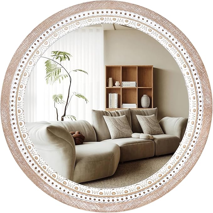 32" Farmhouse Wooden Decorative Round Mirrors for Wall Decor with Beads Frame, Rustic Large Circle Mirrors for Bathroom, Over Sink, Bedroom, Living Room, Entryway