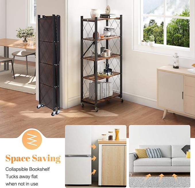 BAOYOUNI 5-Tier Vintage Industrial Bookshelf - No Assembly Folding Storage Shelf with Woodgrain Finish | Collapsible Metal Bookcase for Living Room, Office & Bedroom