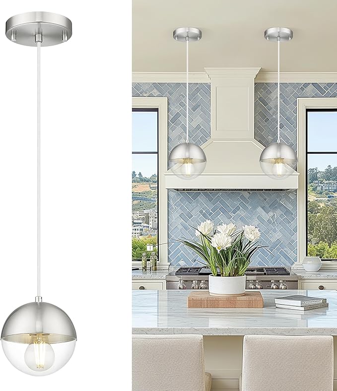 LMS 6-inch Industrial Pendant Light, Brushed Nickel Hanging Light Kitchen Island with Clear Globe Glass, Adjustable Hanging Pendant Light Fixtures for Dining Room Living Room Guest Room, LMS-186BNCS