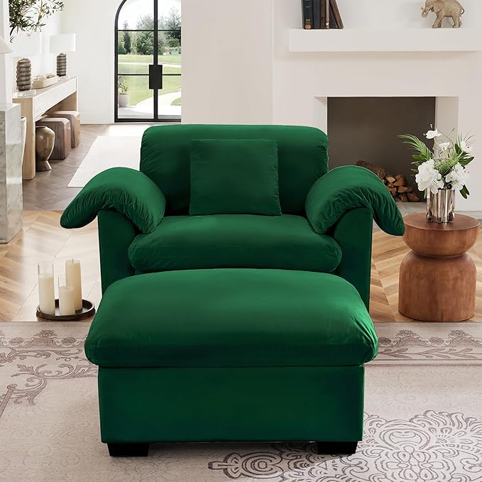 ERYE 48.4" Accent Sofa Chair with Ottoman and Pillow Armrests, Velvet Upholstery Storage Armchair with Removable Cushions and Storage Seat