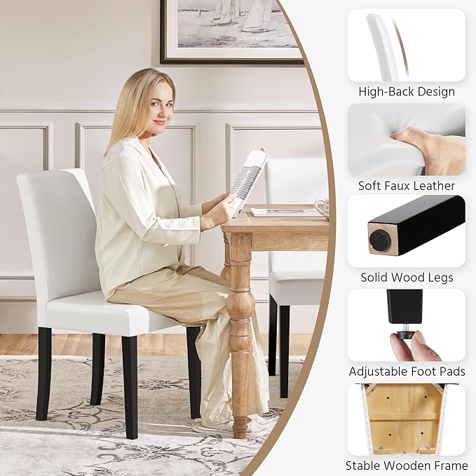 Yaheetech Dining Chairs Set of 2 Faux Leather Modern Dining Room Chairs with Rubberwood Legs and Padded Seat for Kitchen/Living Room/Restaurant, White