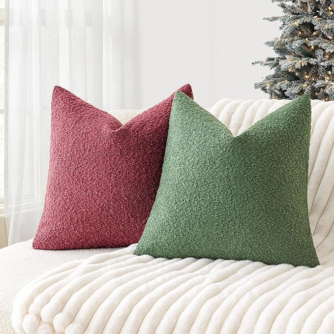 Foindtower Set of 2, Decorative Textured Boucle Throw Pillow Covers Accent Solid Pillow Cases Neutral Cozy Couch Cushion Case for Chair Sofa Bedroom Living Room Home Decor 24 x 24 Inch Hunter Green