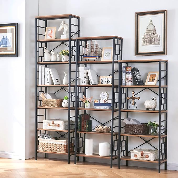 HOMISSUE Bookcase,6-Tier Tall Bookshelf Metal Bookcase and Bookshelves, Free Standing Storage Modern Bookshelf for Home Office Living Room and Bedroom, Rustic Brown