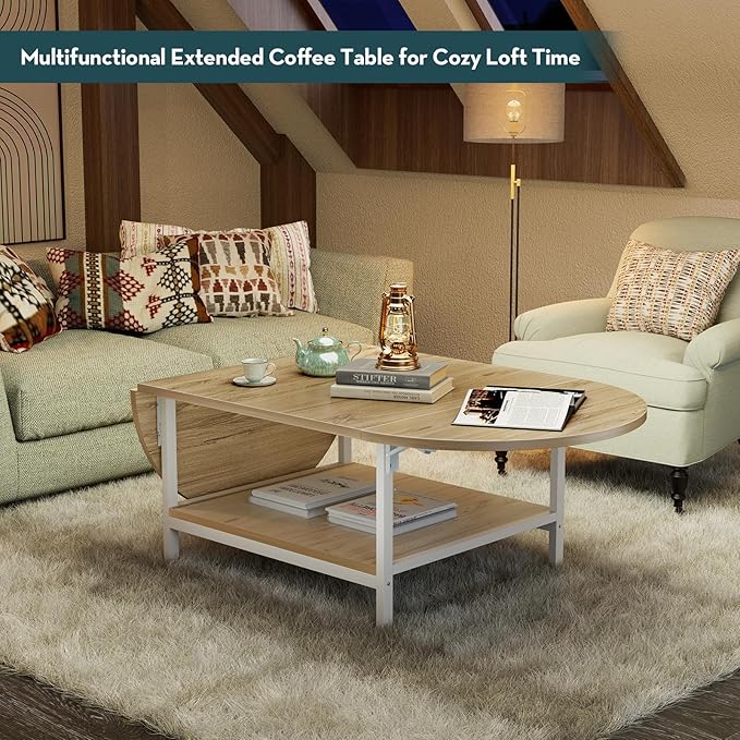 SAYGOER Modern Coffee Table 2-Tier Extended Coffee Tables for Living Room 2-Tier Small Extended Table with Storage White Center Table for Large or Small Spaces, Foldable, Oak