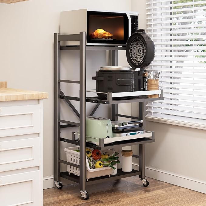4-Tier Pull Out Kitchen Baker's Rack with Wheels, Heavy Duty Metal Microwave Stand with Storage, Adjustable Ktichen Shelves Freestanding, Rolling Utility Storage Cart (23.6''W x 49.2''H)