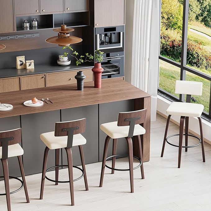 IRONCK Counter Height Bar Stools Set of 2, 29'' Faux Leather Upholstered Barstools with Back, Footrest, Wood Texture Bent Legs, Mid-Century Modern 360° Swivel Bar Stools for Kitchen Island, White
