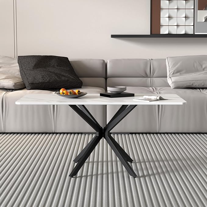Faux Marble Coffee Table Rectangle Modern 40 Inch Living Room Table with Black Metal Legs Stylish Center Table for Living Room Office