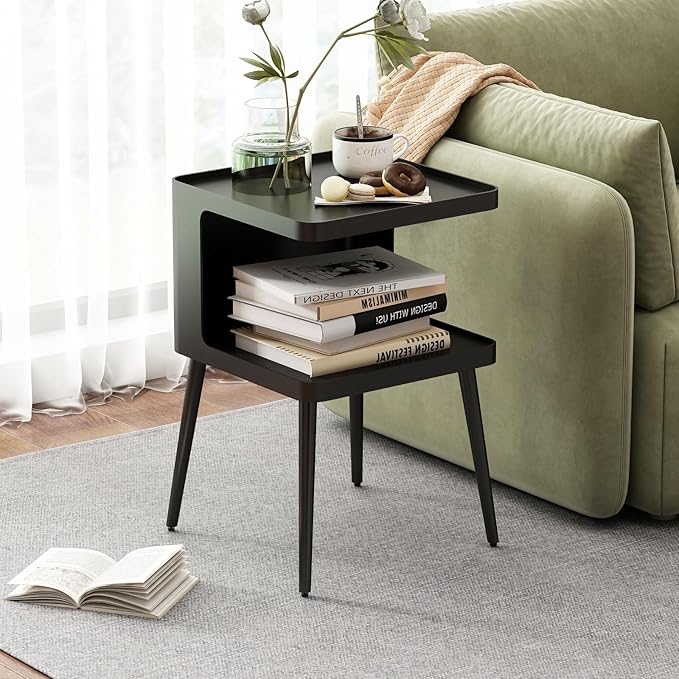 Black Modern Side Table, 2 Tier Small End Tables Bedroom, Metal Side Tables Living Room with 4 Legs, Black Nightstand Square Accent Table for Indoor Outdoor, Easy Assembly
