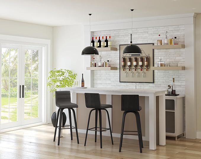 Armen Living size color options Vienna 30" Bar Height Barstool Brushed Wood Finish Faux Leather, Grey/Black