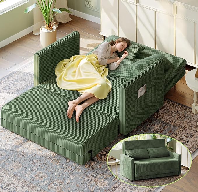 53” Convertible Sofa Bed Couch, Corduroy Couch Bed, 6-Position Loveseat Sleeper Sofa, Love Seat Sleeper Bed 23.6" Extra Deep Seat, Modern Couches for Living Room/Apartment/Home/Office, Green