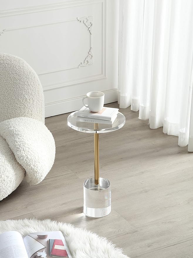 Clear Acrylic End Table,Side Table,Brushed Brass Metal,Round,for Office, Living Room and Bedroom,Easy Assembly,12x12 inch，21.3 inch high