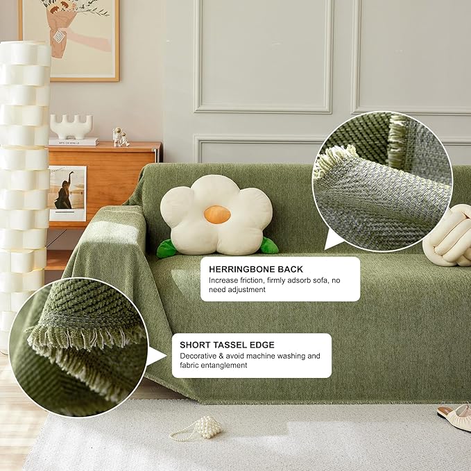 STACYPIK Christmas Matcha Green Sofa Cover Chenille Couch Covers Herringbone Sofa Covers for 2 Cushion Couch Thick Couch Covers Blanket Scratch Resistant Furniture Cover for Kids Dogs Decor-91X118IN