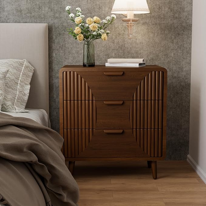 COSIEST Walnut Accent Cabinet with 3 Drawers, Sideboard Buffet Cabinet for Entryway, Living Room, Bedroom (Brown, Stripe Pattern)