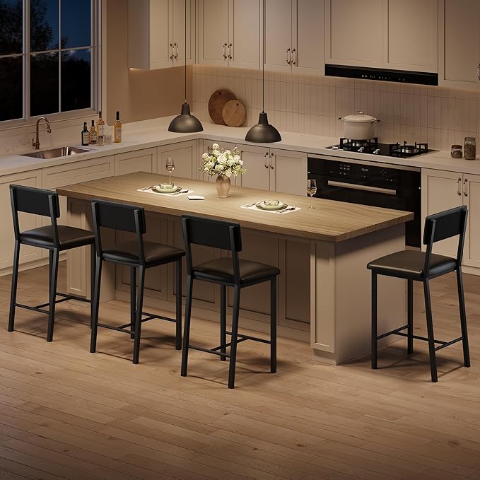 Garvee Bar Stools Set of 4, Kitchen Barstools with Thick Cushion, 25 Inch Counter Height Bar Stools with Backrest and Footrest, for Dining Room, Kitchen Island Counter Chairs, Retro Black