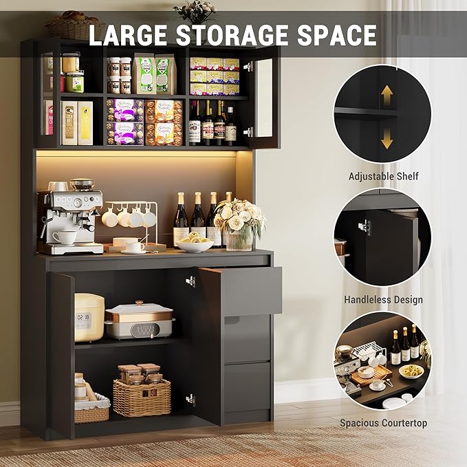 Garvee Kitchen Pantry Cabinet,71" Tall Storage Cabinet with Doors and Shelves Adjustable, Kitchen Storage Hutch with Microwave Shelf, Led Lights and Charging Station,Corner Pantry Cabinet, Black