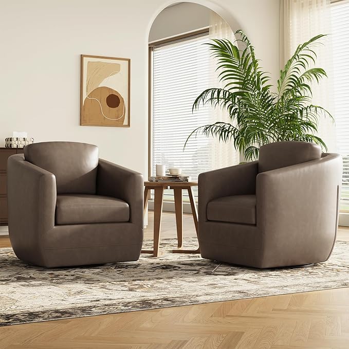 COLAMY 360° Swivel Accent Chair Set of 2 with Pillow - Comfy Living Room Armchair No-Sag Foam & Sturdy Metal Base, Fully Assembled Swivel Accent Single Sofa for Bedroom Living Room, Office, Wolf Grey