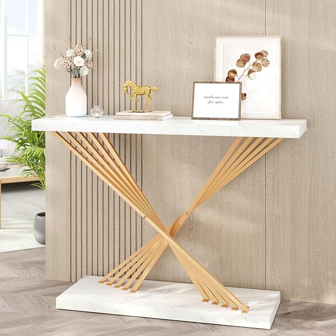 39.4 Inch Gold Console Table, White Faux Marble Modern Entryway Table Sofa Tables Behind The Couch for Entrance Hallway Living Room, X-Shape