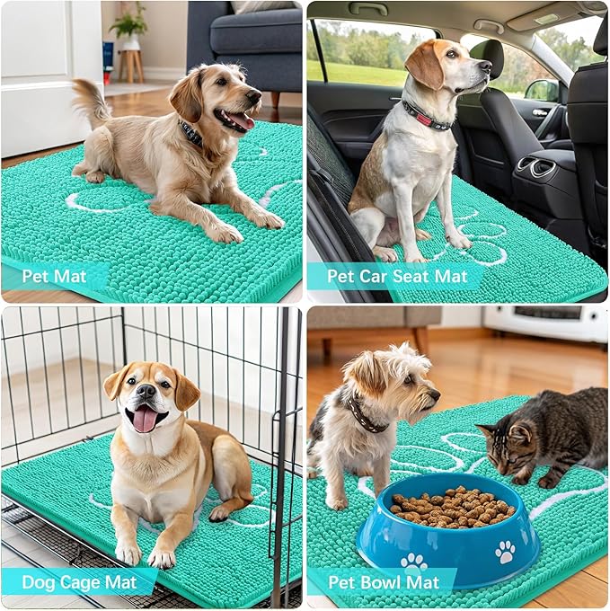 OLANLY Door Mat for Muddy Dog Paws 30x20, Ultra Absorbent Chenille Mud Doormat with Paw Print Design, Non-Slip Washable Doormat for Indoor Entryway, Quick-Dry Pet Bed Mats for Dirty Dogs, Teal
