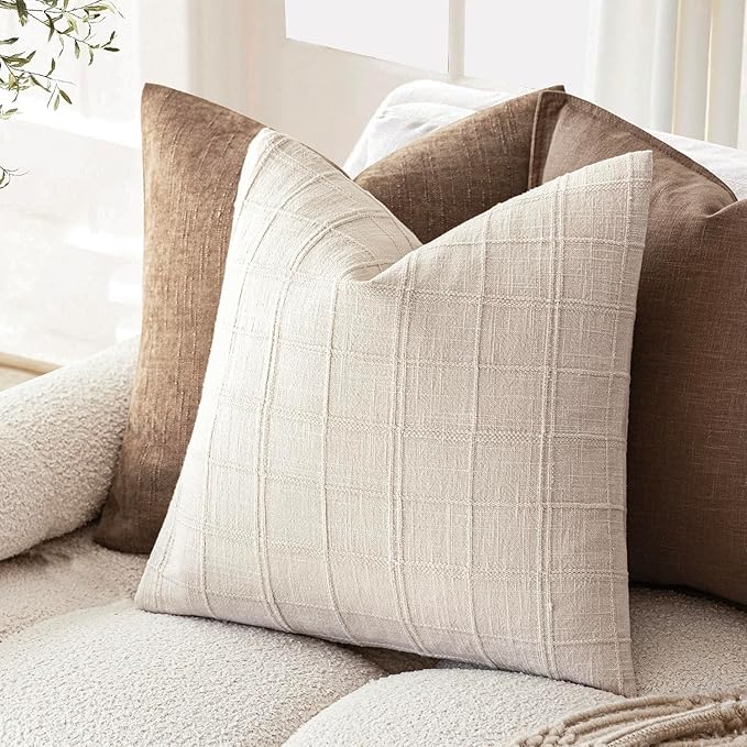 Foindtower Set of 2 Decorative Linen Check Throw Pillow Covers Neutral Farmhouse Vintage Cushion Covers Modern Boho Home Decor For Sofa Chair Couch Bedroom Living Room Outdoor,18×18 Inch,Natural Beige