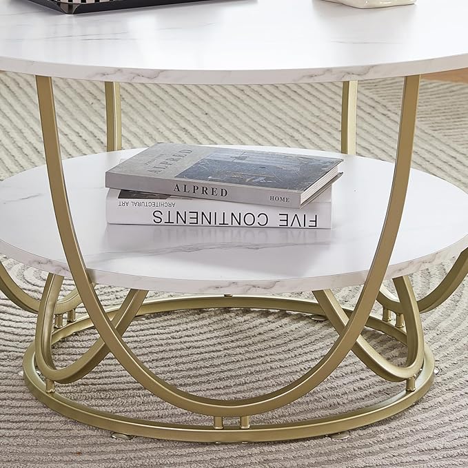 Elephance Round Coffee Table with Storage, 30 Inch Modern Coffee Table for Living Room,Wooden Tabletop-Marble White Print with Gold Frame