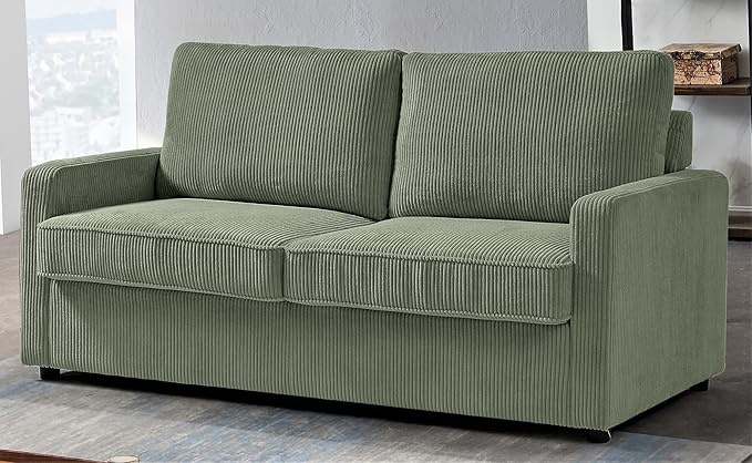 Reversible Sleeper Sofa Bed with Comfortable Memory Foam Mattress, Convertible Corduroy Full Size Pull Out Couch for Living Room, Space Saving Furniture, 70" Wide, Rectangular Arms, Dark Green
