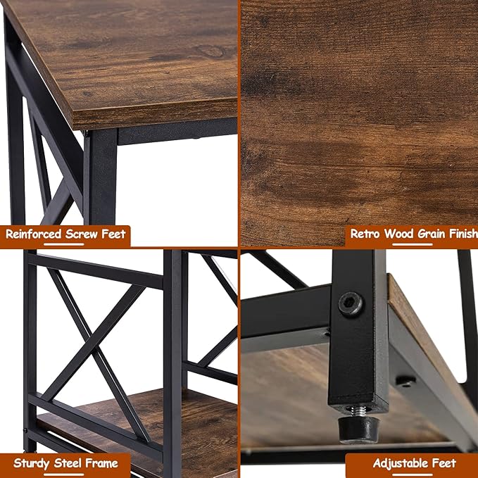 Industrial End Table Side Table with 2-Tier Storage Shelf, 18'' Square Nightstand Bedside Table X-Design Metal Frame for Living Room Bedroom, Rustic Brown