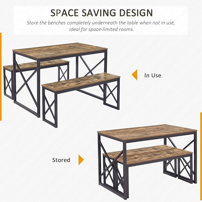 VECELO Kitchen Table with 2 Benches for 4, Wood Dining Room Dinette Sets with Metal Frame for Breakfast Nook and Small Space, Brown
