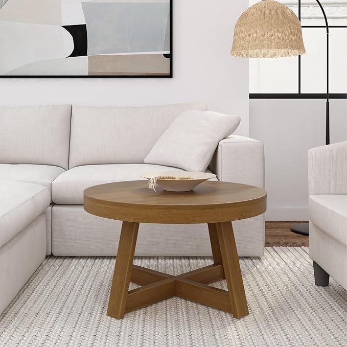 Plank+Beam Classic Round Coffee Table, 30 Inch Farmhouse Coffee Table, Rustic Mini Center Tables for Small Spaces, Small Living Space Tea Table, Pecan Wirebrush