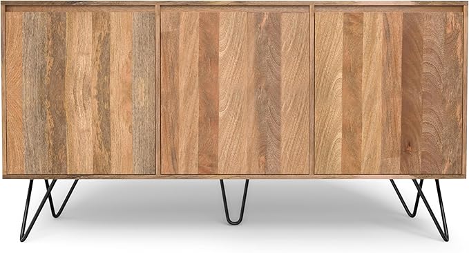 SIMPLIHOME Hunter Buffet - 60 inch Wide Solid Mango Wood 3-Door Sideboard Buffet in Natural, Contemporary Storage Cabinet for Dining Room or Kitchen with Adjustable Shelves and Metal Legs