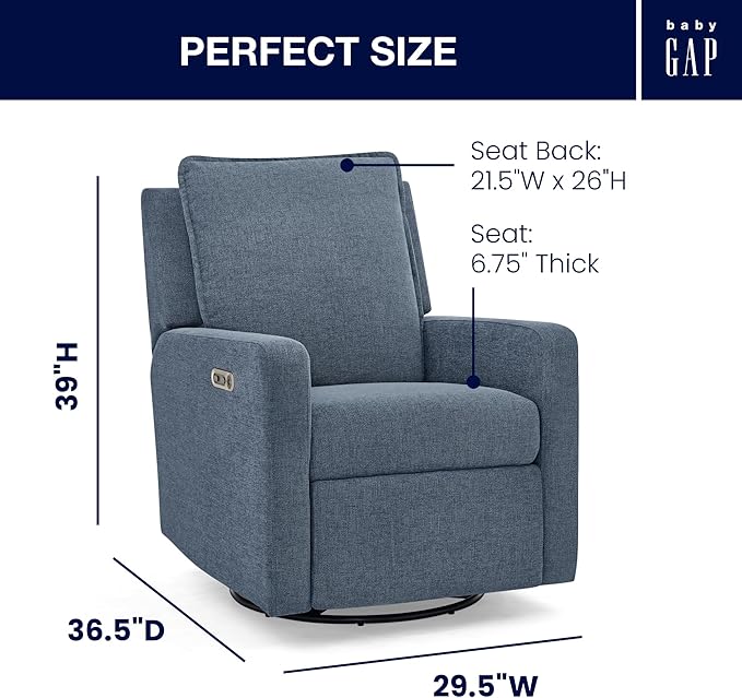 Delta Children babyGap Harlowe Power Recliner with USB-A and Type-C Ports Greenguard Gold Certified – Stain-Resistant Performance Fabric is Oeko-TEX Standard 100 Certified, Slate