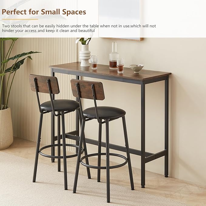 Tatub Bar Table with Stools Set of 2, Industrial 3 Piece Counter Height Small Dining Sofa Table and Chairs Set of 2, Brown