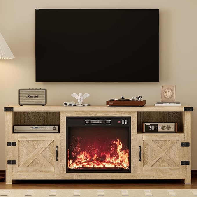 YESHOMY Fireplace TV Stand with Barn Doors and Open Display Shelf, Farmhouse Media Console with Hidden Cable Routing, Entertainment Center for Televisions up to 65+ Inch, Natural Oak