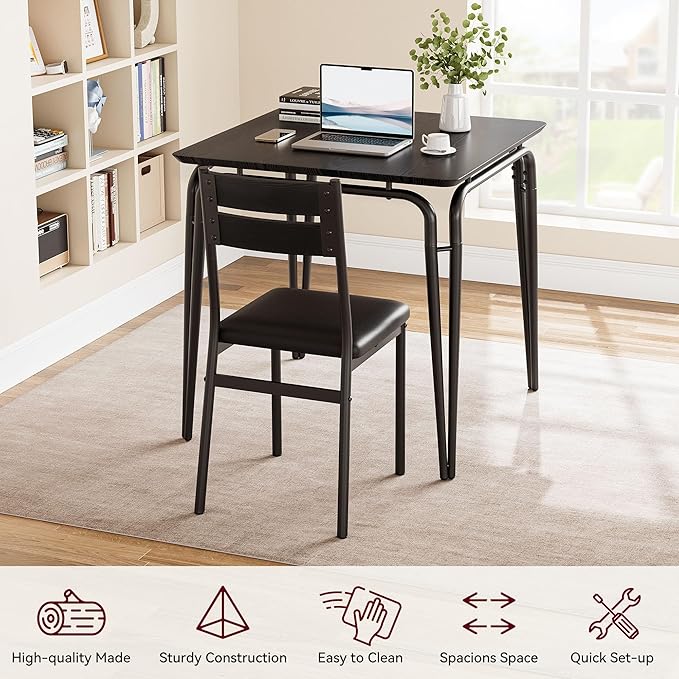 Dining Table for 2, Small Table and Chairs Set of 2, Square Dinette Set for 2, 3 Piece Kitchen & Dining Room Sets for Small Space (Black, Table with 2 Upholstered Chairs)