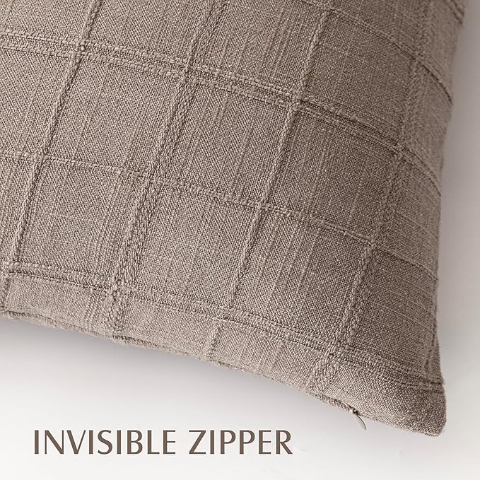 Foindtower Set of 2 Decorative Linen Check Throw Pillow Covers Neutral Farmhouse Vintage Cushion Covers Modern Boho Home Decor for Sofa Chair Couch Bedroom Living Room Outdoor,18×18 Inch,Tan Taupe