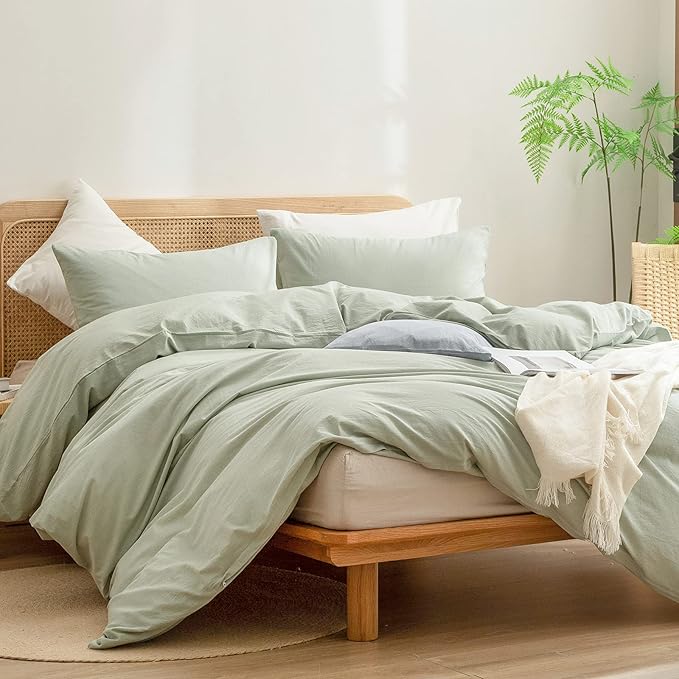 BESTOUCH Duvet Cover Set 100% Washed Cotton Linen Feel Super Soft Comfortable Chic Lightweight 3 PCs Home Bedding Set Solid Sage Green Super King Plus