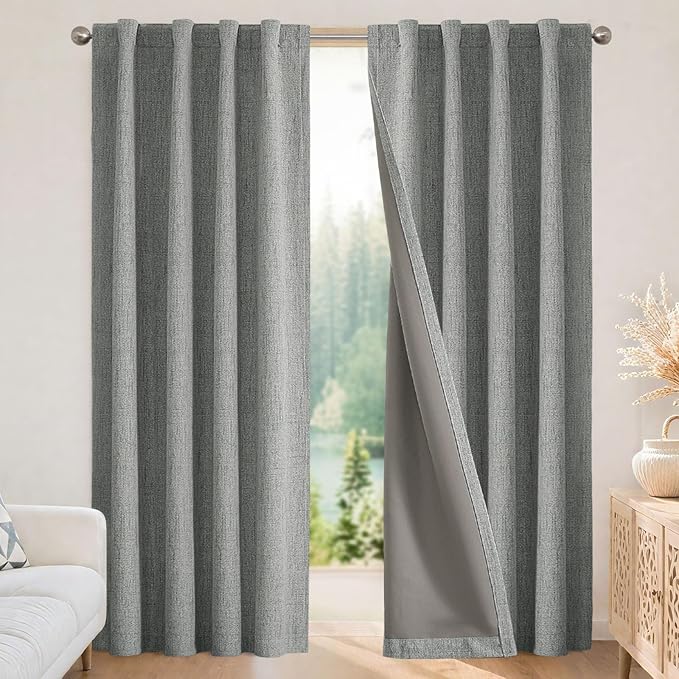 Joydeco 100% Blackout Curtains for Bedroom - Natural Linen Curtains 42" W x 96" L Long, Thermal Insulated 2 Panels Light Grey. Room Darkening Light Blocking Drapes for Living Room