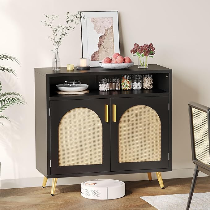DWVO Buffet Sideboard Cabinet, Accent Storage Cabinet with Natural Rattan Doors and Adjustable Shelves for Kitchen, Living Room and Hallway, Black
