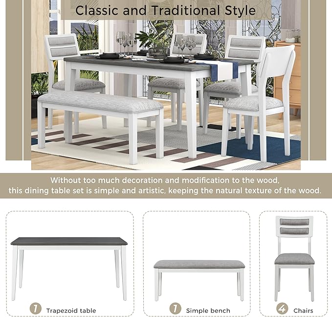 Ball & Cast 6-Piece Dining Table Set for 6,Kitchen Table Set W/ 4 Upholstered Chairs & 1 Bench,Living Room Furniture W/ 60" Rectangle Table & Foot Pad,for Dining Room,Kitchen,Restaurant,White+Gray