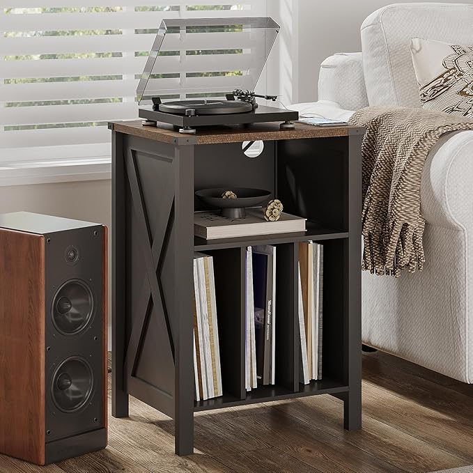 ChooChoo Record Player Stand with Vinyl Storage, Turntable Stand with Charging Station, Record Storage Cabinet, End Side Table for Living Room, Bedroom, Black