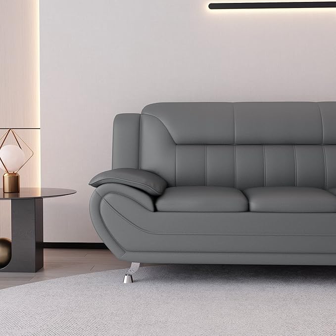 Container Furniture Direct Michael Modern Faux Leather Upholstered Stainless Steel Legs Living Room Sofa, Loveseat, Sleek Gray