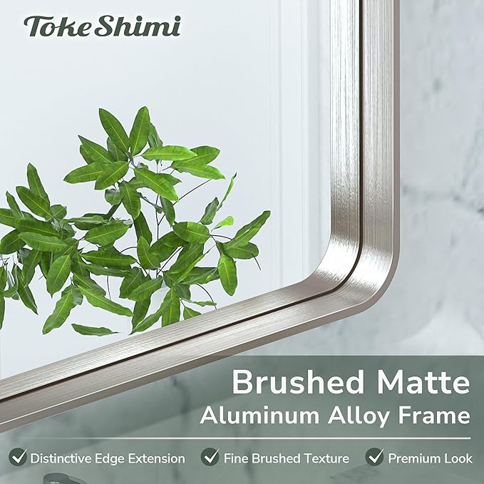 TokeShimi 48x30 Brushed Nickel Bathroom Wall Mirror Vanity Metal Frame Round Corner Rectangular for Home Decor Living Room Entryway