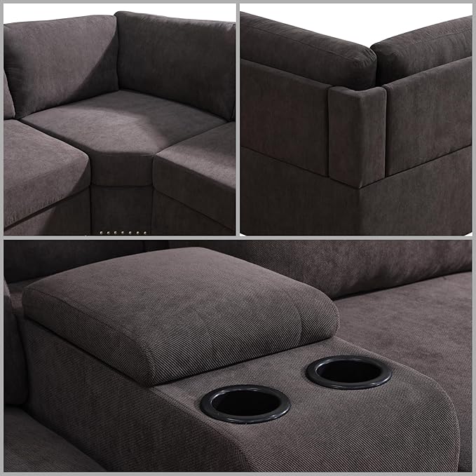 Sectional Couches for Living Room, Modular Sectional Sofa with Ottoman, Modern L Shaped Couch with Chaise for Bedroom & Office, Brown
