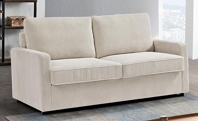 Reversible Sleeper Sofa Bed with Comfortable Memory Foam Mattress, Convertible Corduroy Full Size Pull Out Couch for Living Room, Space Saving Furniture, 70" Wide, Rectangular Arms, Ivory