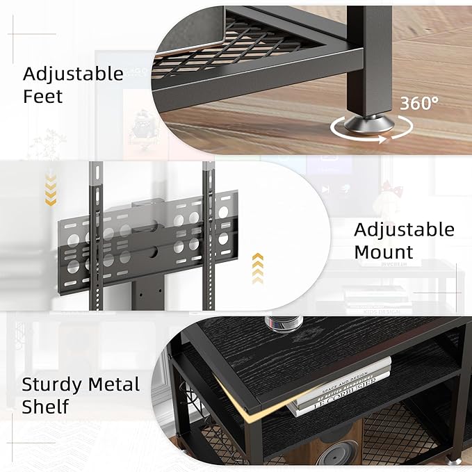 VECELO 63" TV Stand with Mount and Power Outlets, Entertainment Center Console with Open Storage Shelves, Height Adjustable Mount up to 75”, Wooden Table and Metal Frame for Living Room, Modern Black